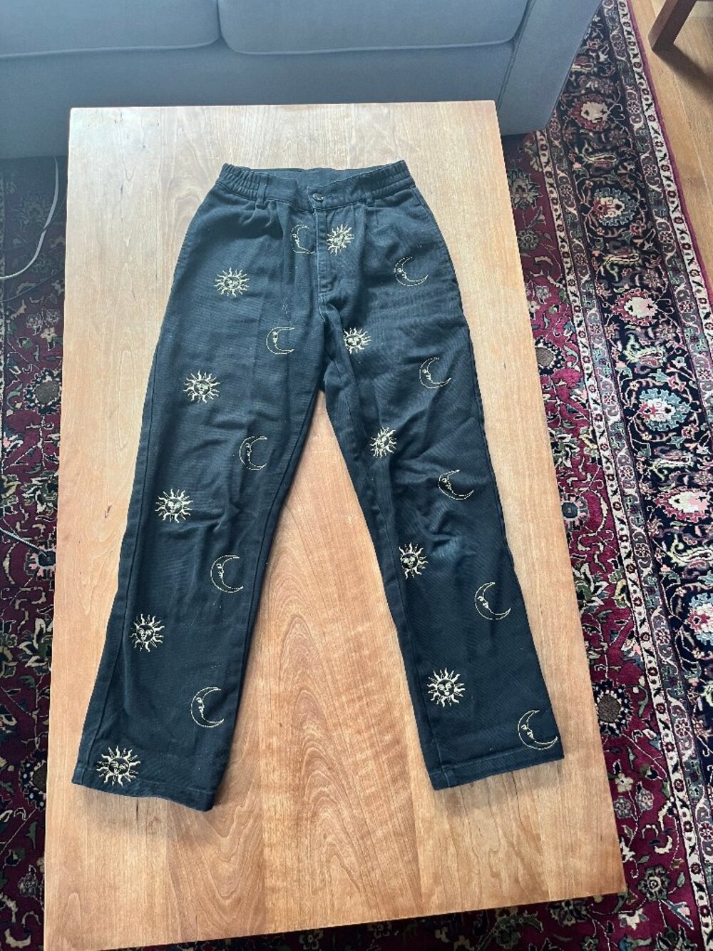 Lazy Oaf x Laura Callaghan Metallic Symbols Embroidered Moon Sun Celestial Pants